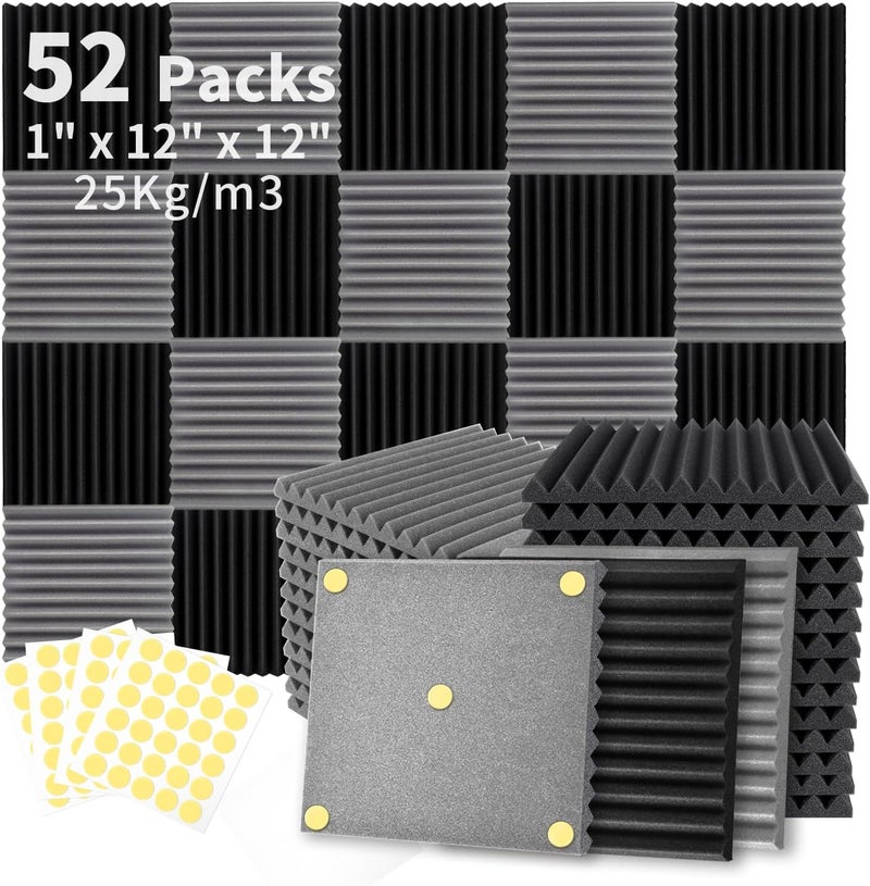 Focusound 52 Pack Black GreyAcoustic Foam Panels 1" x 12" x 12" Sound Proof Foam Panles Soundproofing Noise Cancelling Wedge Panels for Home Office Recoding Studio with 300PCS Double-Side Adhesive - Image 1